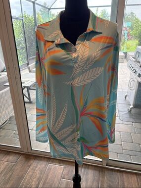 3XL Light Blue Tropical Print Long-Sleeve Polo Top